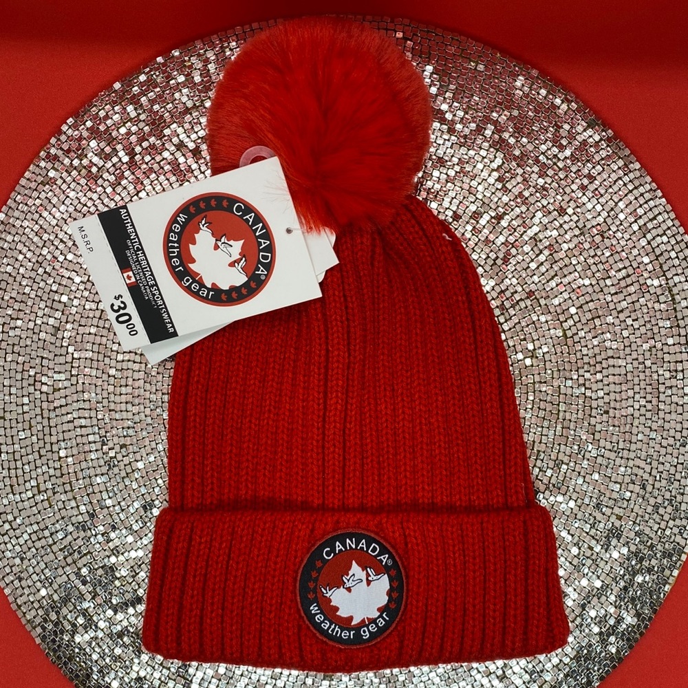 Red Canada Weather Gear Faux Fur Pom Winter Hat - NO TAG